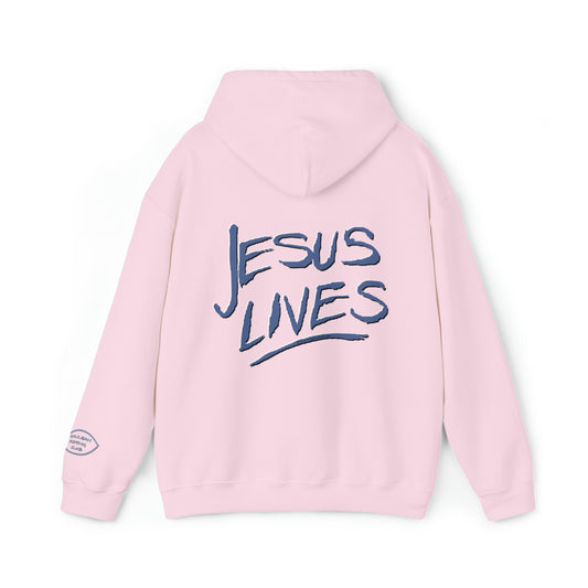 "Jesus Lives" on back Hooded Sweatshirt with arm logo