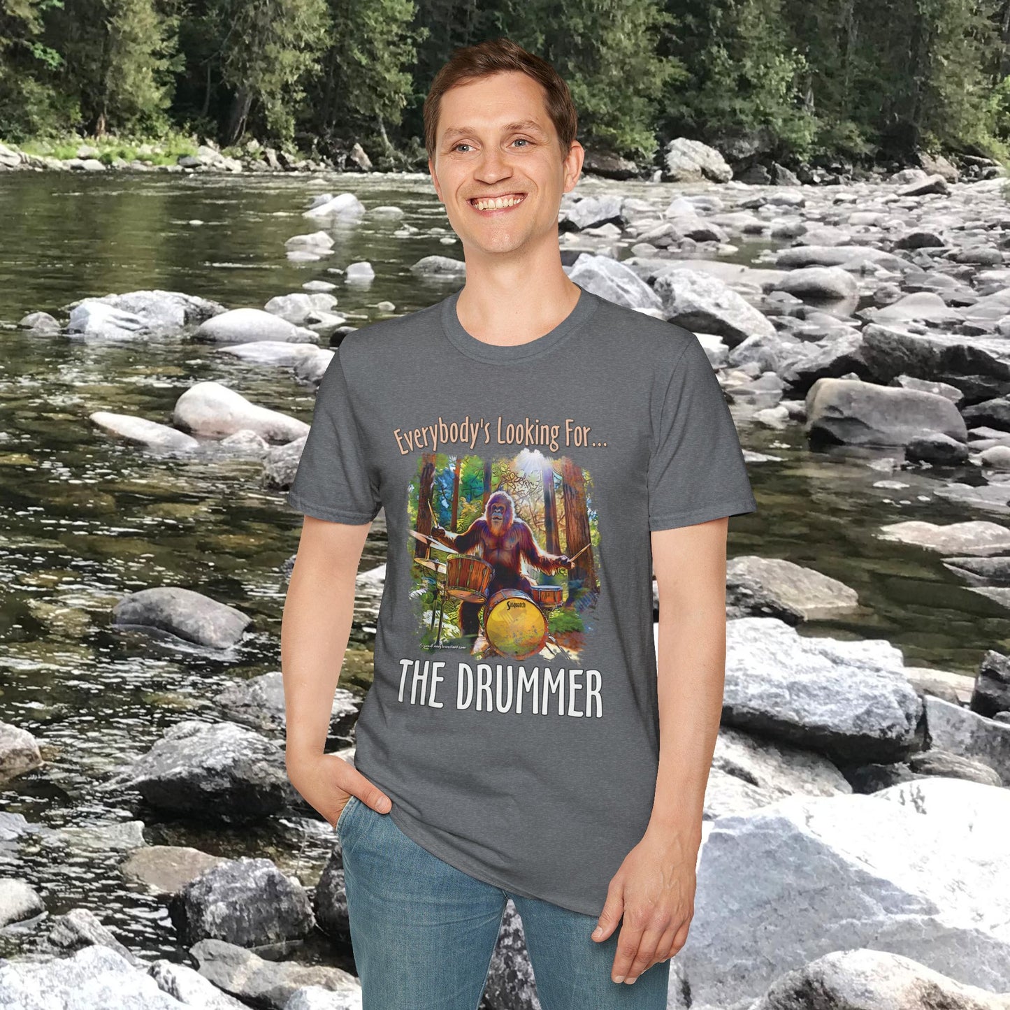 Sasquatch Drummer T-Shirt, Drumming Bigfoot Shirt, Sasquatch with Drums, gift for Bigfoot lover, gift for drummer