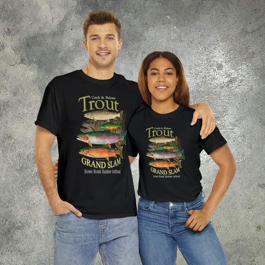"Trout Grand Slam" on dark shirt. Unisex 100% Heavy Cotton Tee