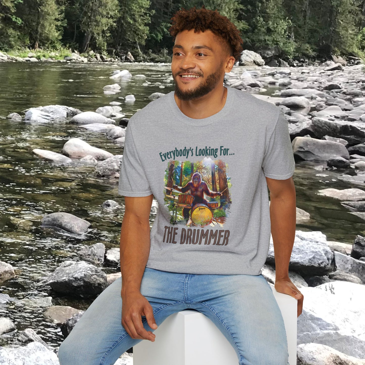 Sasquatch Drummer T-Shirt, Drumming Bigfoot Shirt, Sasquatch with Drums, gift for Bigfoot lover, gift for drummer