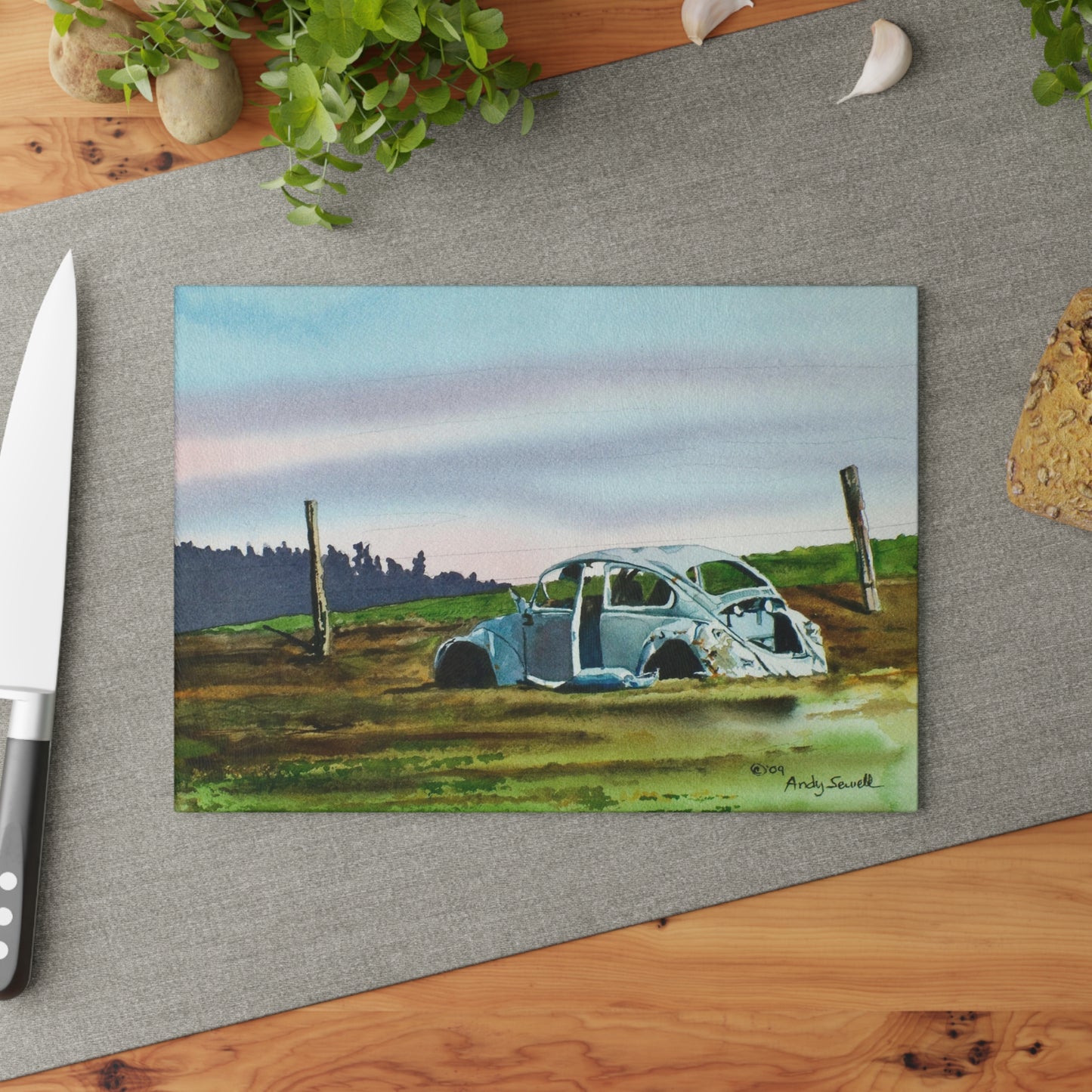 "Country Slugged Bug" watercolor on Glass Cutting Board
