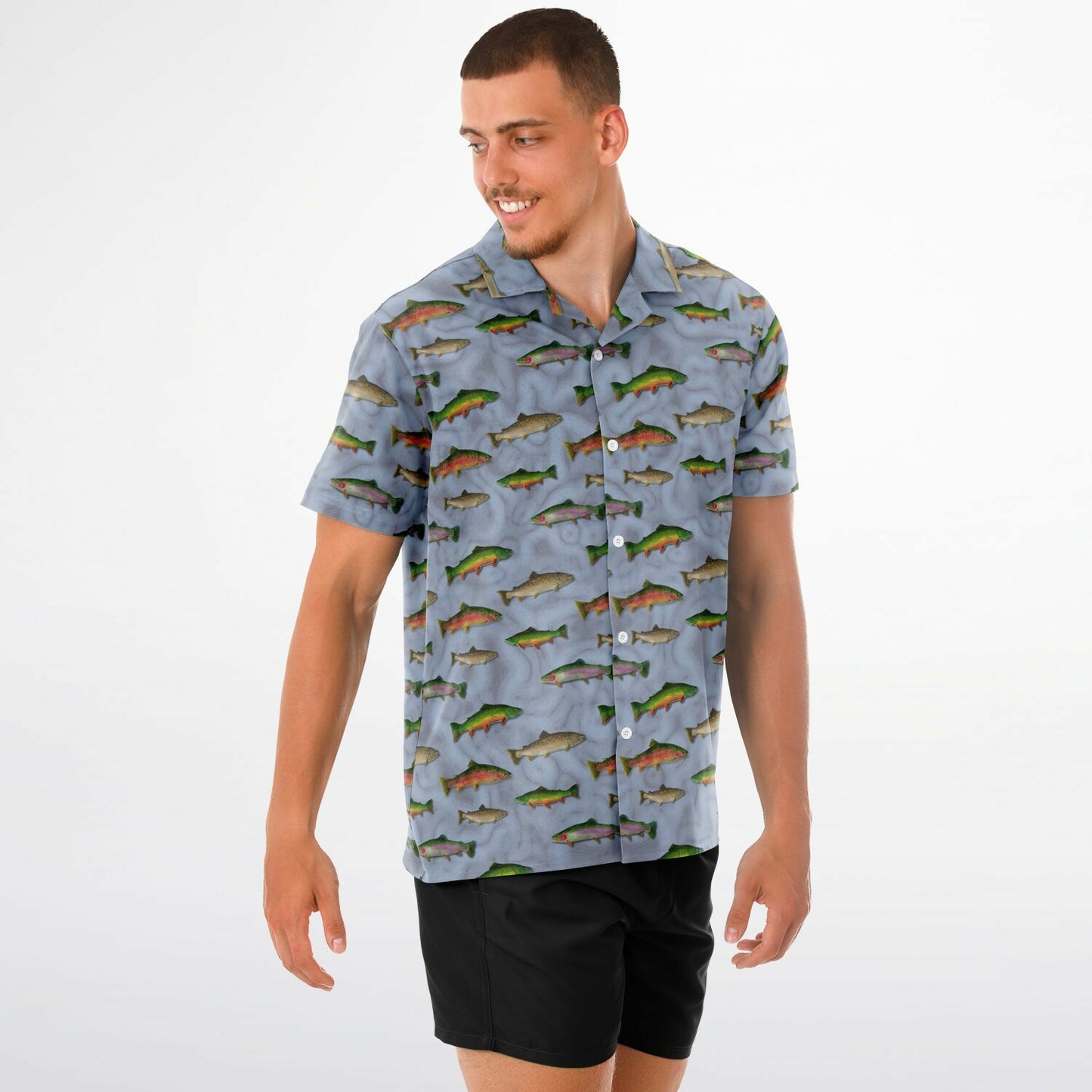 "Trout Grand Slam" light Blue Short Sleeve Button-Down Shirt