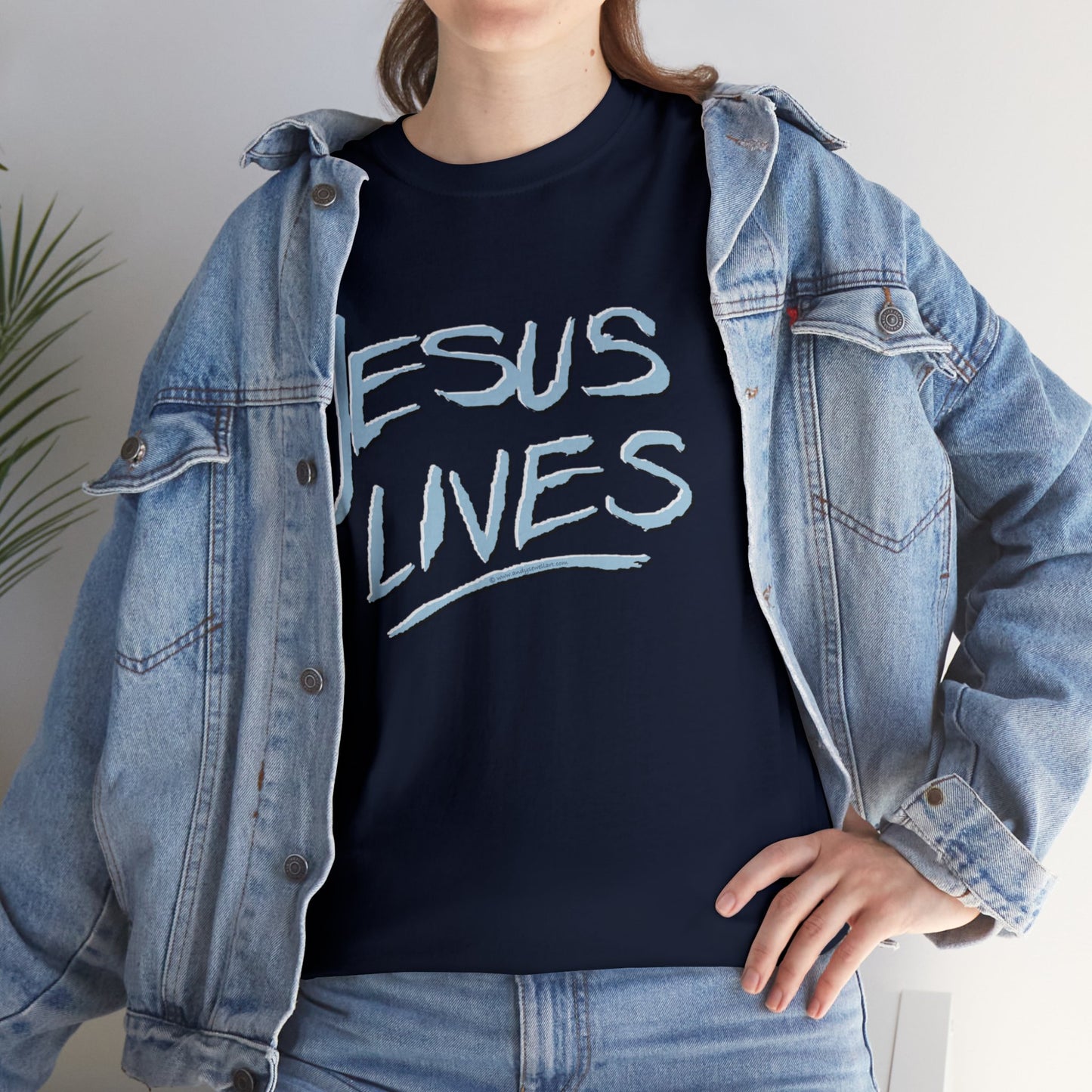 "Jesus Lives" T-shirt on front.