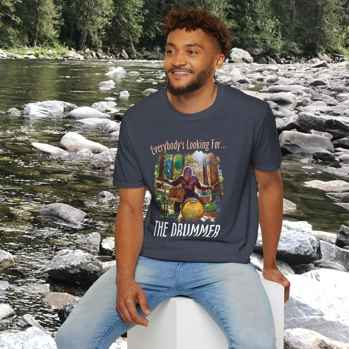 Sasquatch Drummer T-Shirt, Drumming Bigfoot Shirt, Sasquatch with Drums, gift for Bigfoot lover, gift for drummer
