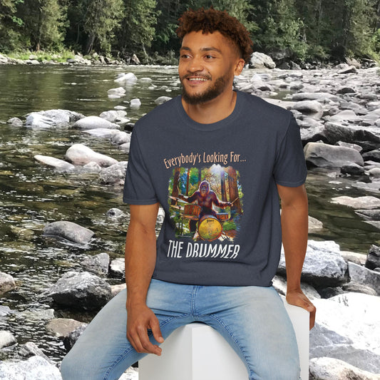 Sasquatch Drummer T-Shirt, Drumming Bigfoot Shirt, Sasquatch with Drums, gift for Bigfoot lover, gift for drummer