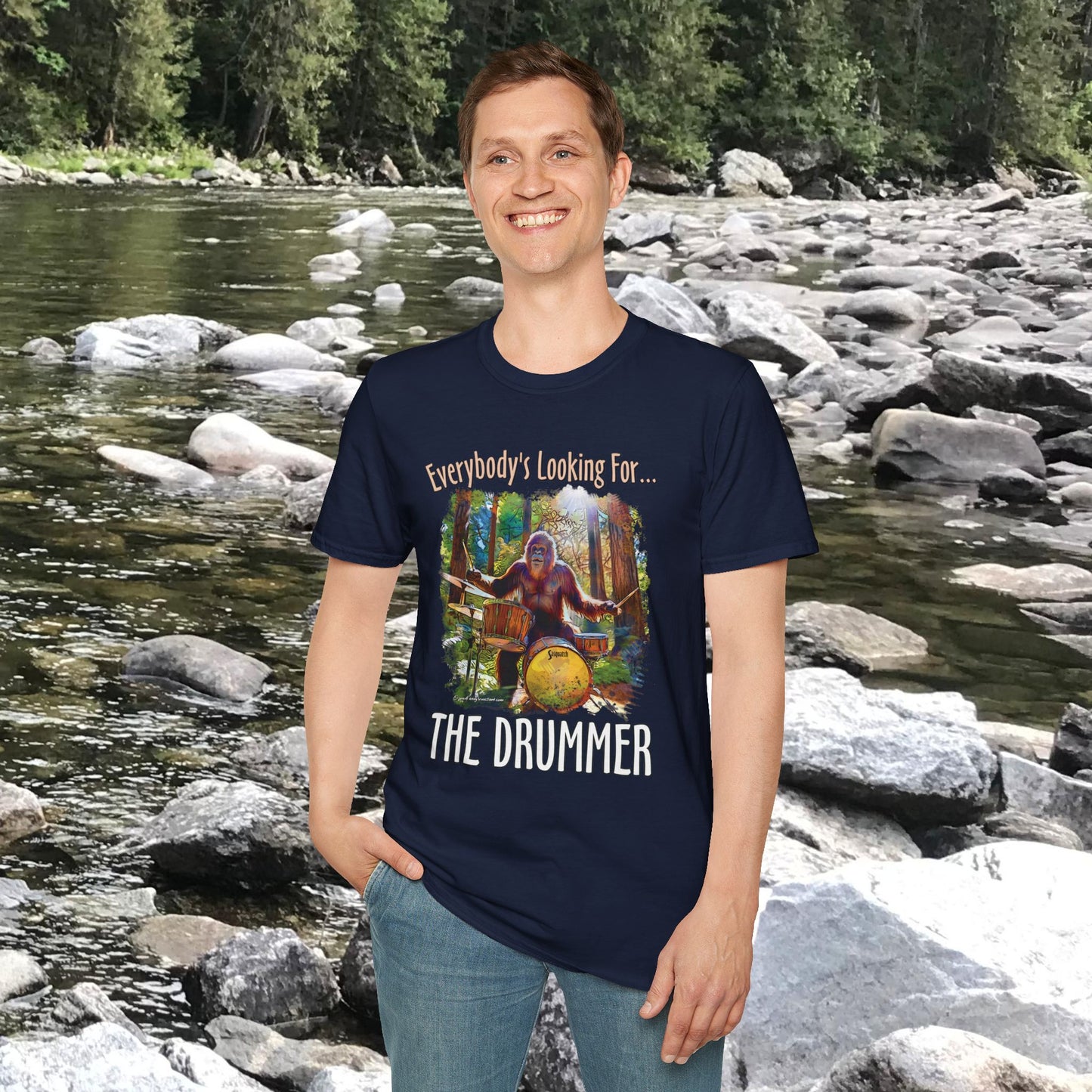 Sasquatch Drummer T-Shirt, Drumming Bigfoot Shirt, Sasquatch with Drums, gift for Bigfoot lover, gift for drummer