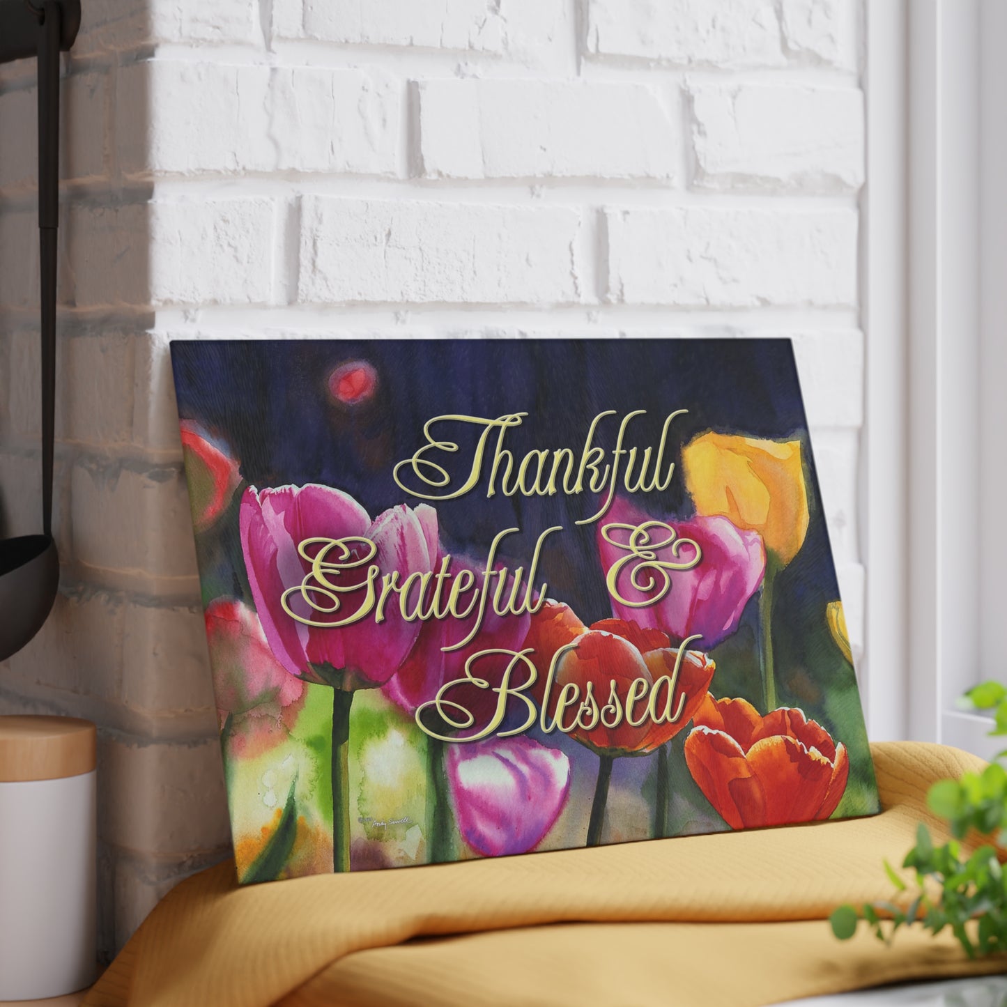 "Sunny Day Tulips" watercolor on Glass Cutting Board
