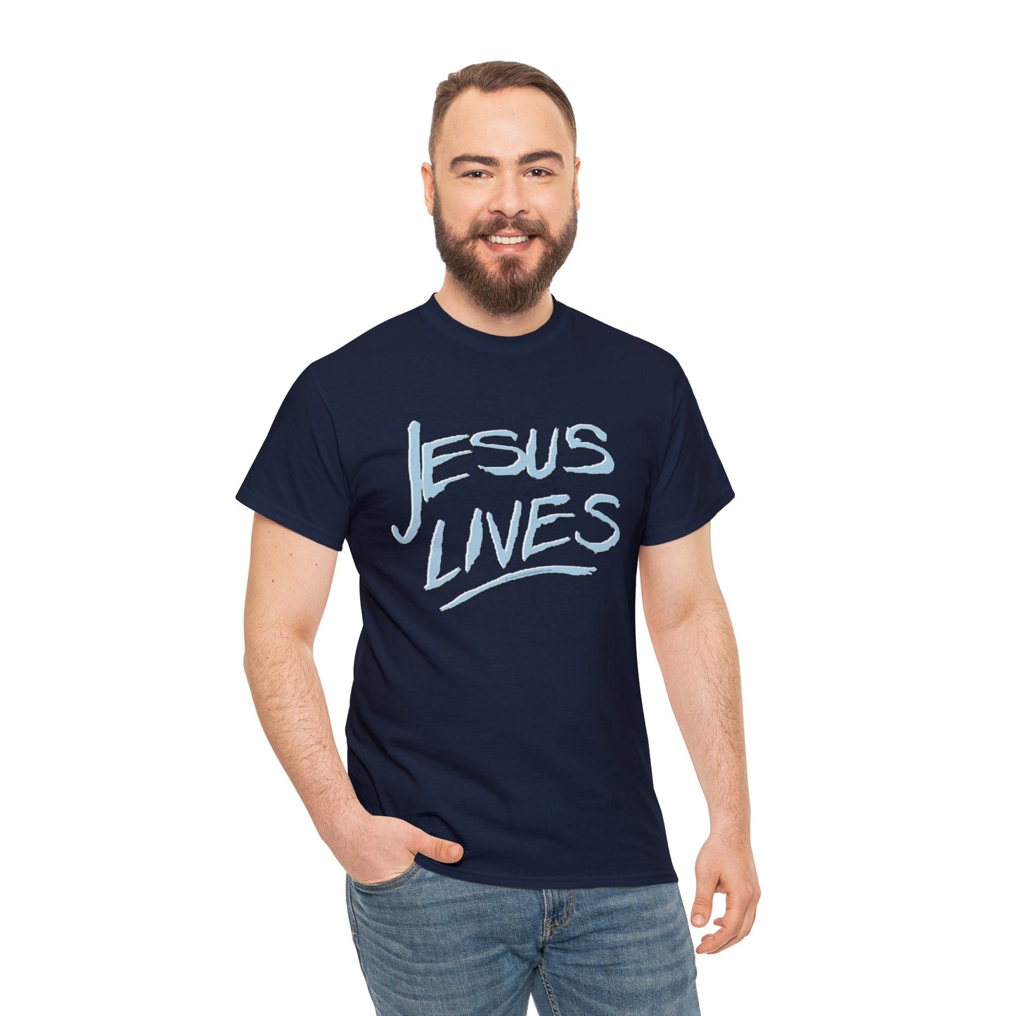 "Jesus Lives" T-shirt on front.