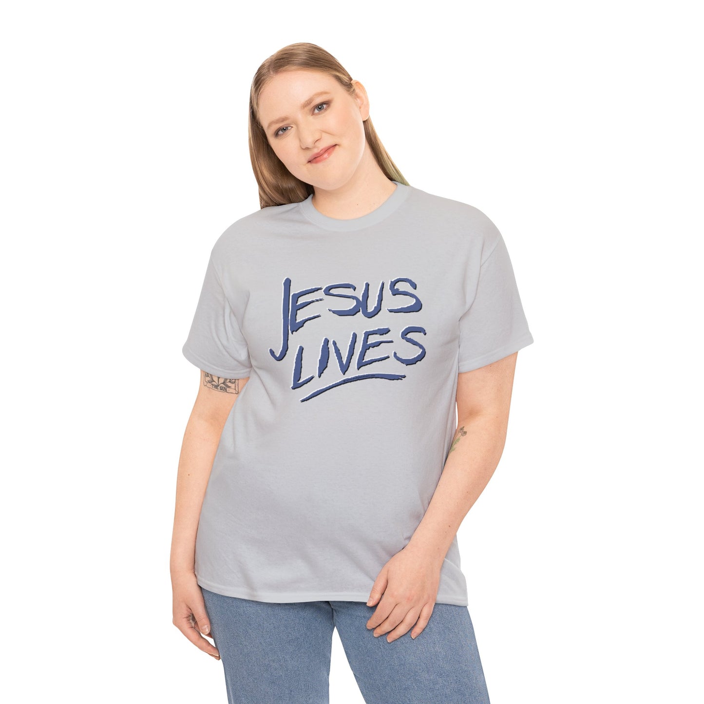 "Jesus Lives" T-shirt on front.