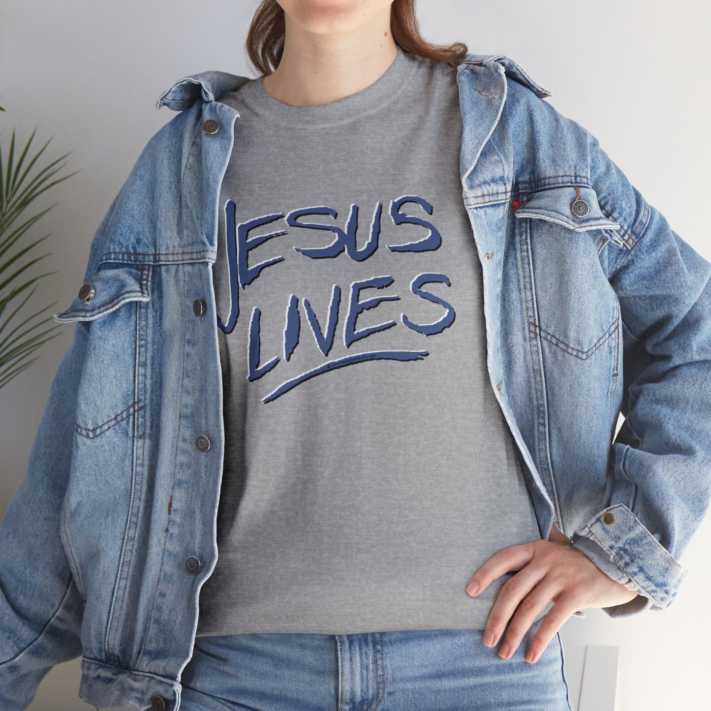 "Jesus Lives" T-shirt on front.