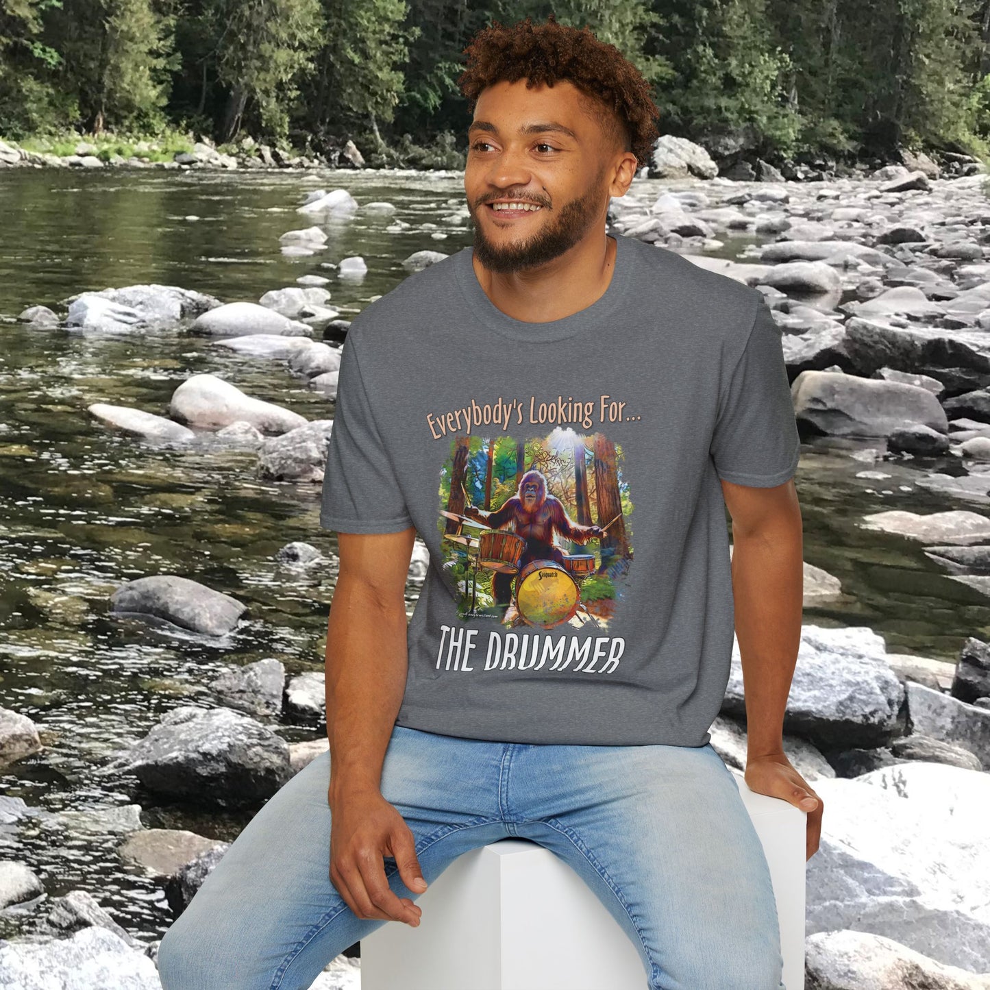 Sasquatch Drummer T-Shirt, Drumming Bigfoot Shirt, Sasquatch with Drums, gift for Bigfoot lover, gift for drummer