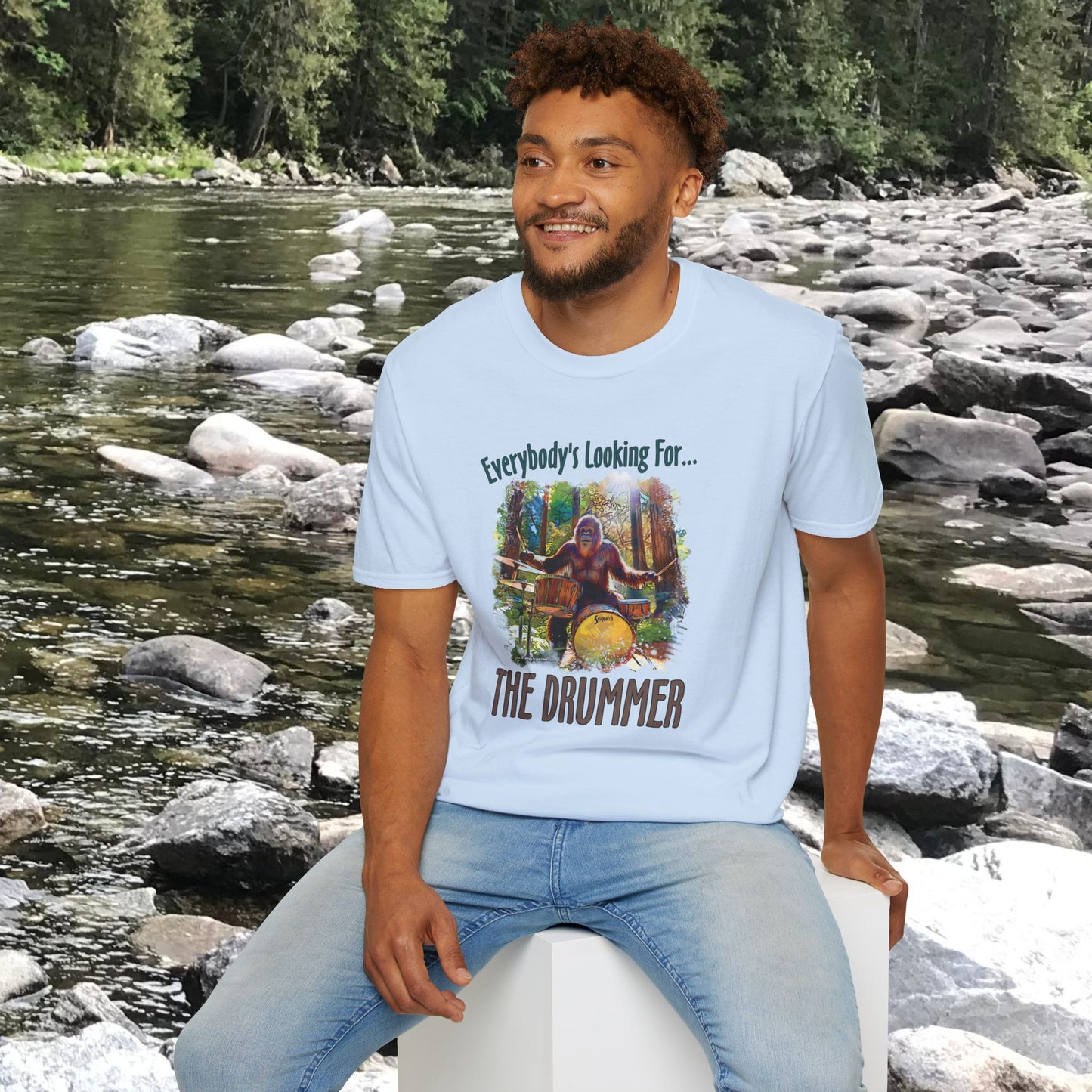 Sasquatch Drummer T-Shirt, Drumming Bigfoot Shirt, Sasquatch with Drums, gift for Bigfoot lover, gift for drummer
