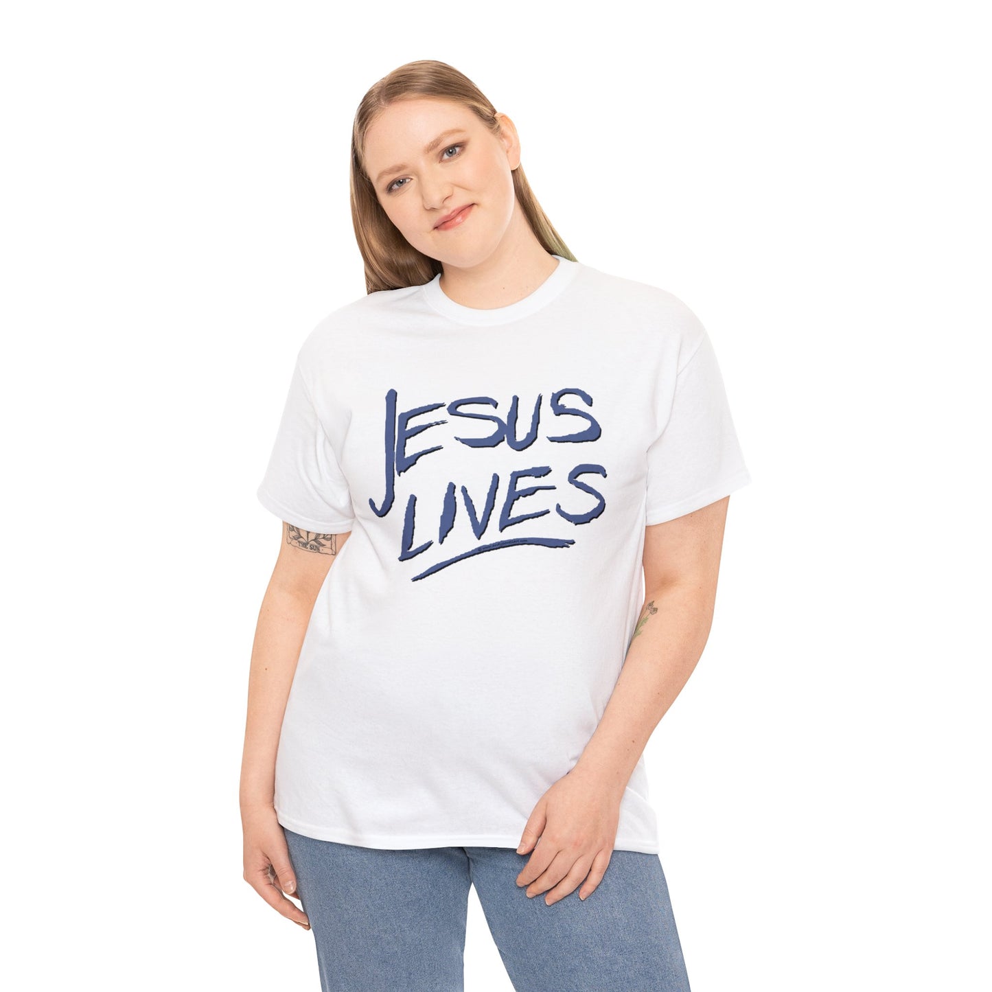 "Jesus Lives" T-shirt on front.