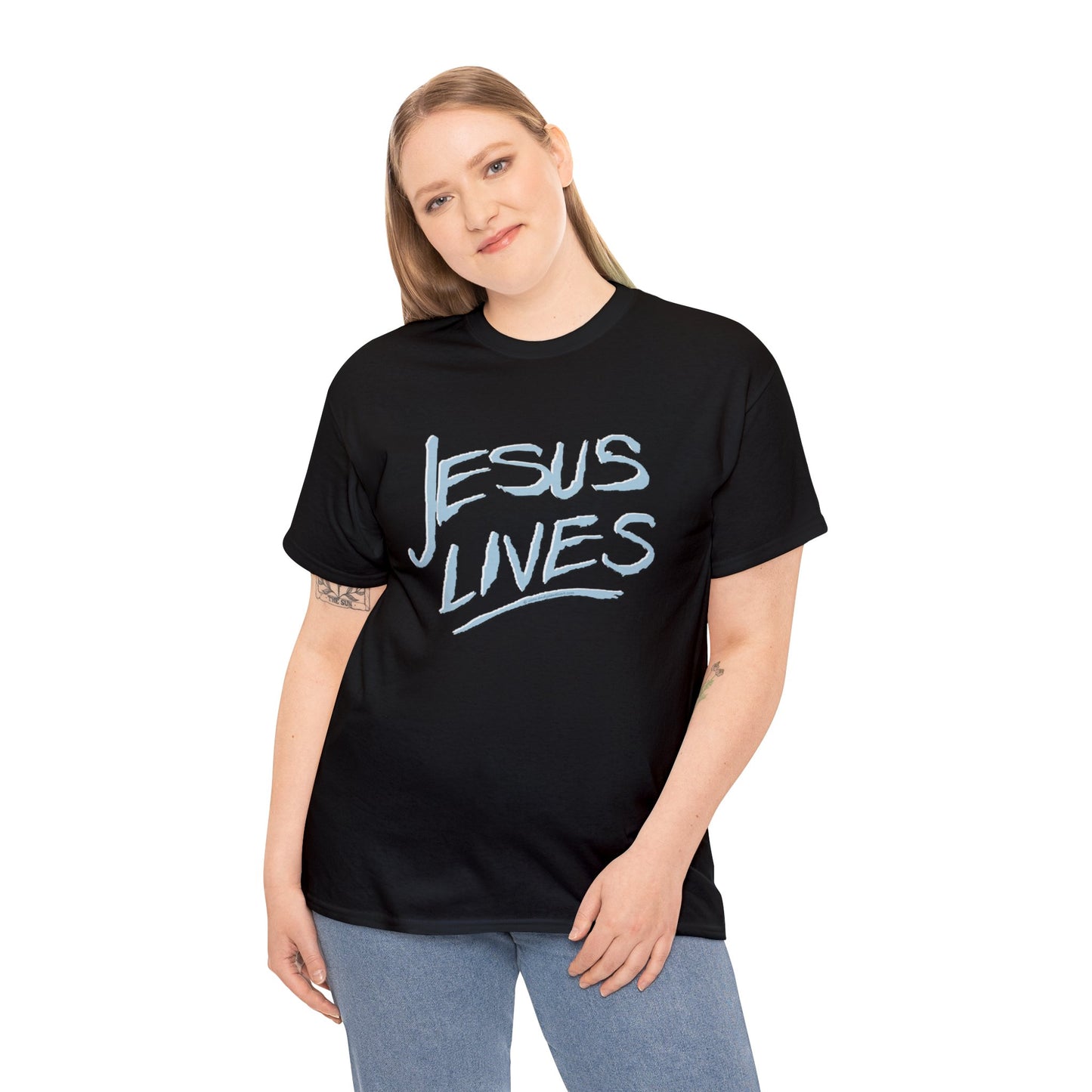 "Jesus Lives" T-shirt on front.