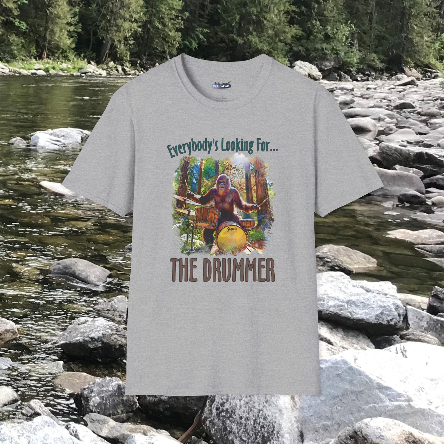 Sasquatch Drummer T-Shirt, Drumming Bigfoot Shirt, Sasquatch with Drums, gift for Bigfoot lover, gift for drummer