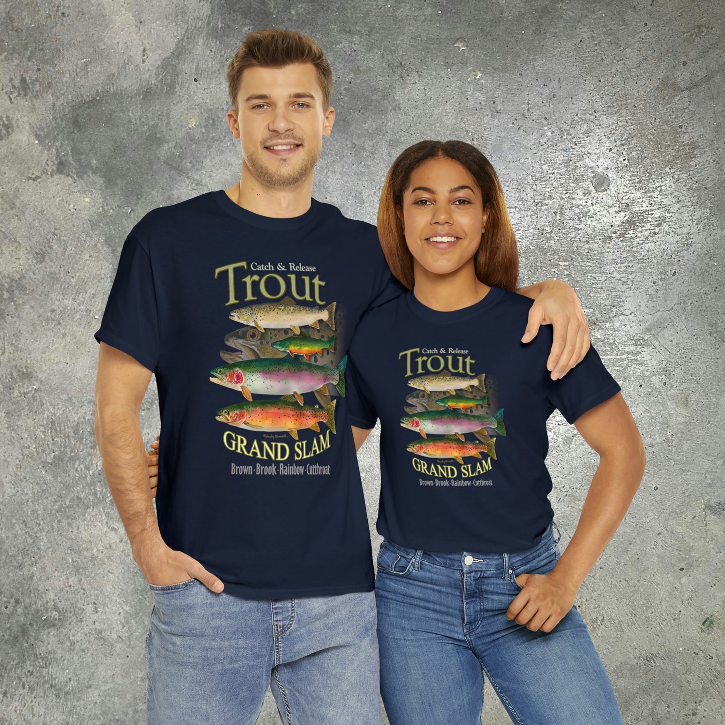 "Trout Grand Slam" on dark shirt. Unisex 100% Heavy Cotton Tee