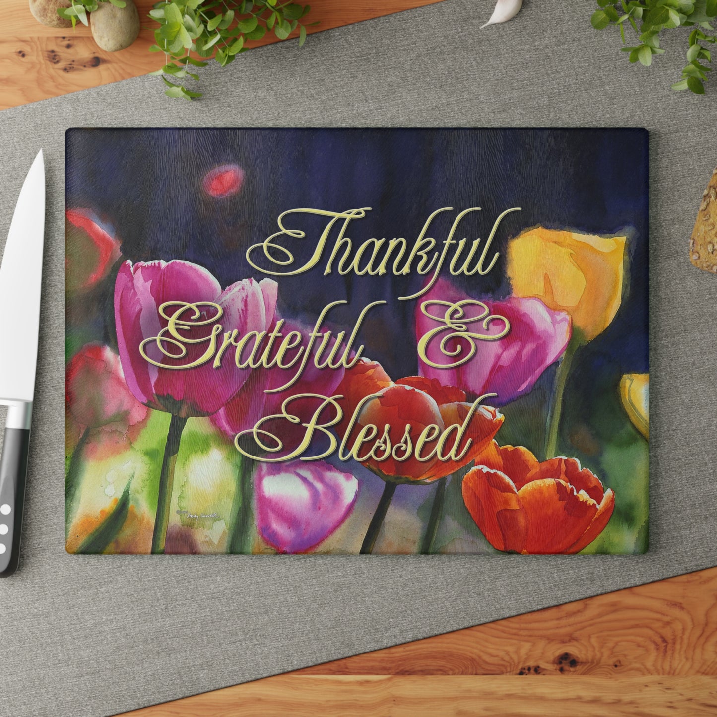 "Sunny Day Tulips" watercolor on Glass Cutting Board