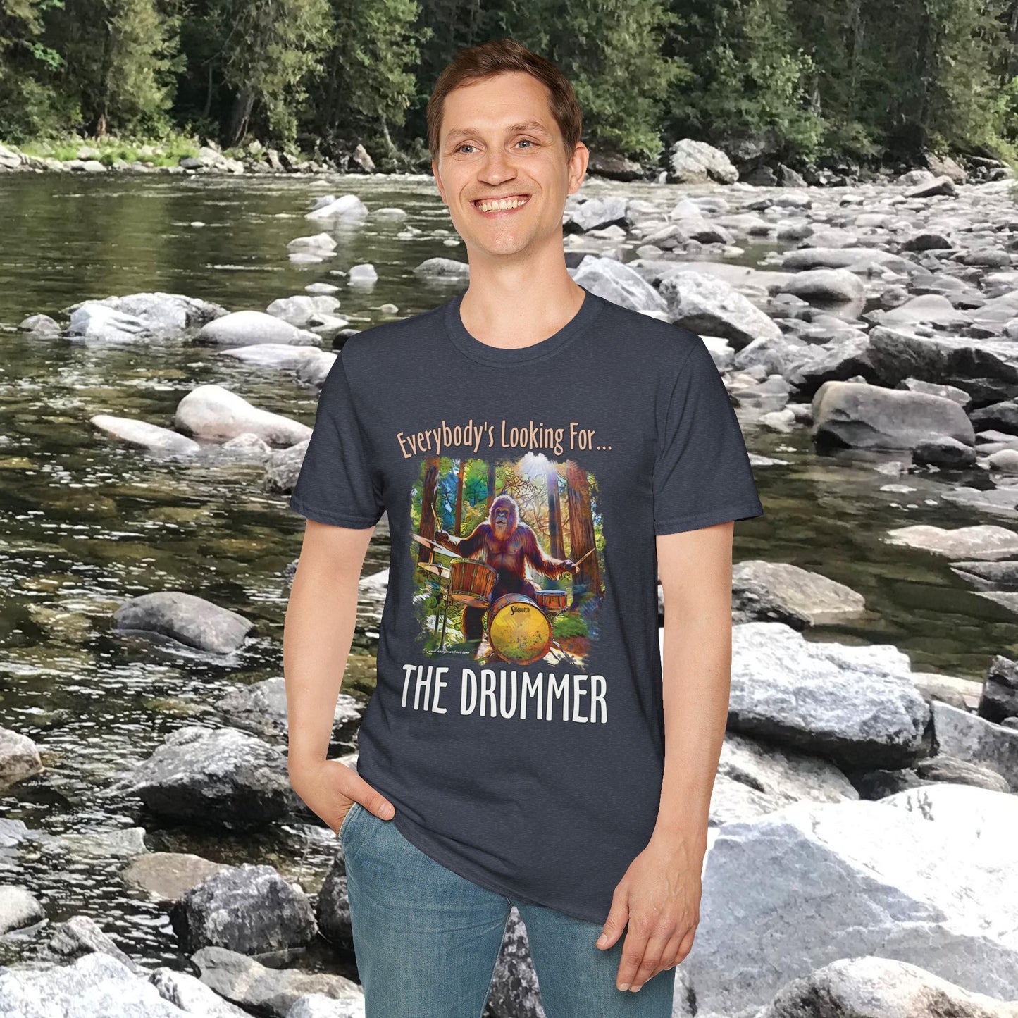 Sasquatch Drummer T-Shirt, Drumming Bigfoot Shirt, Sasquatch with Drums, gift for Bigfoot lover, gift for drummer