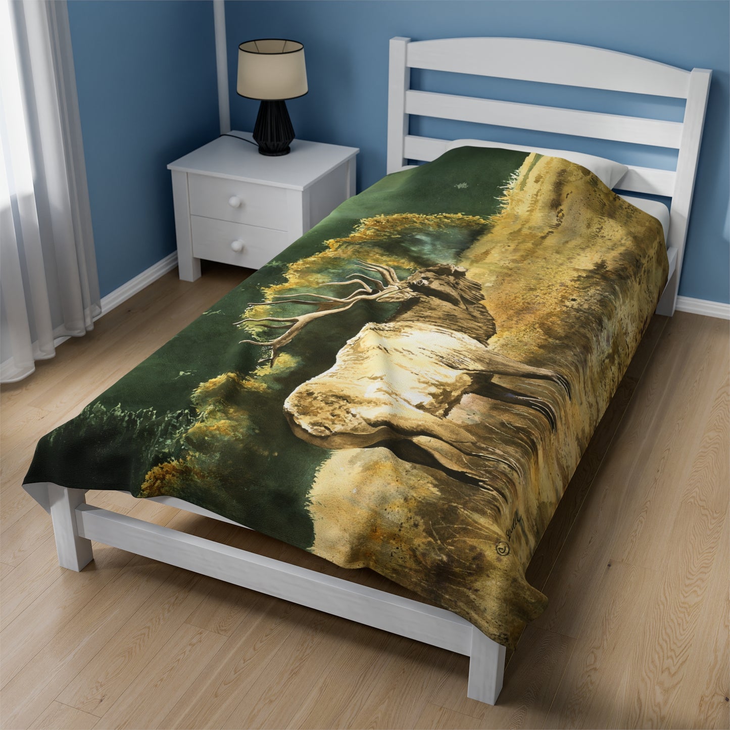 Plush Blanket - Misty Morning Bull Elk Watercolor Painting
