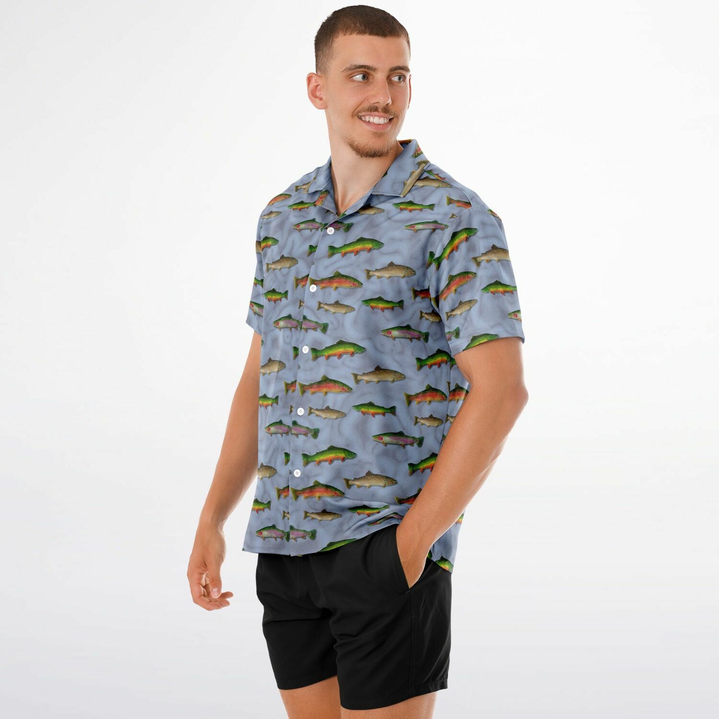 "Trout Grand Slam" light Blue Short Sleeve Button-Down Shirt