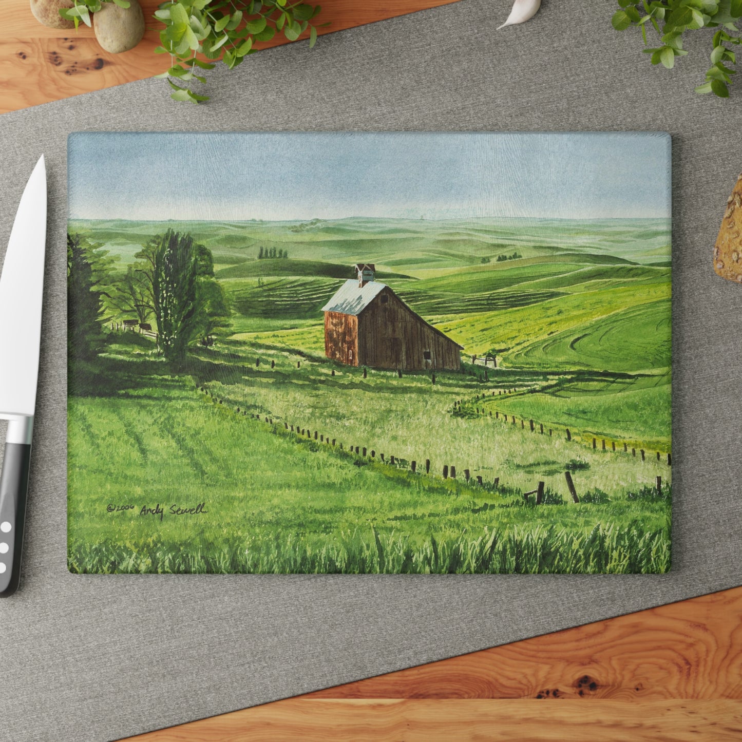 "Early June" watercolor printed on Glass Cutting Board