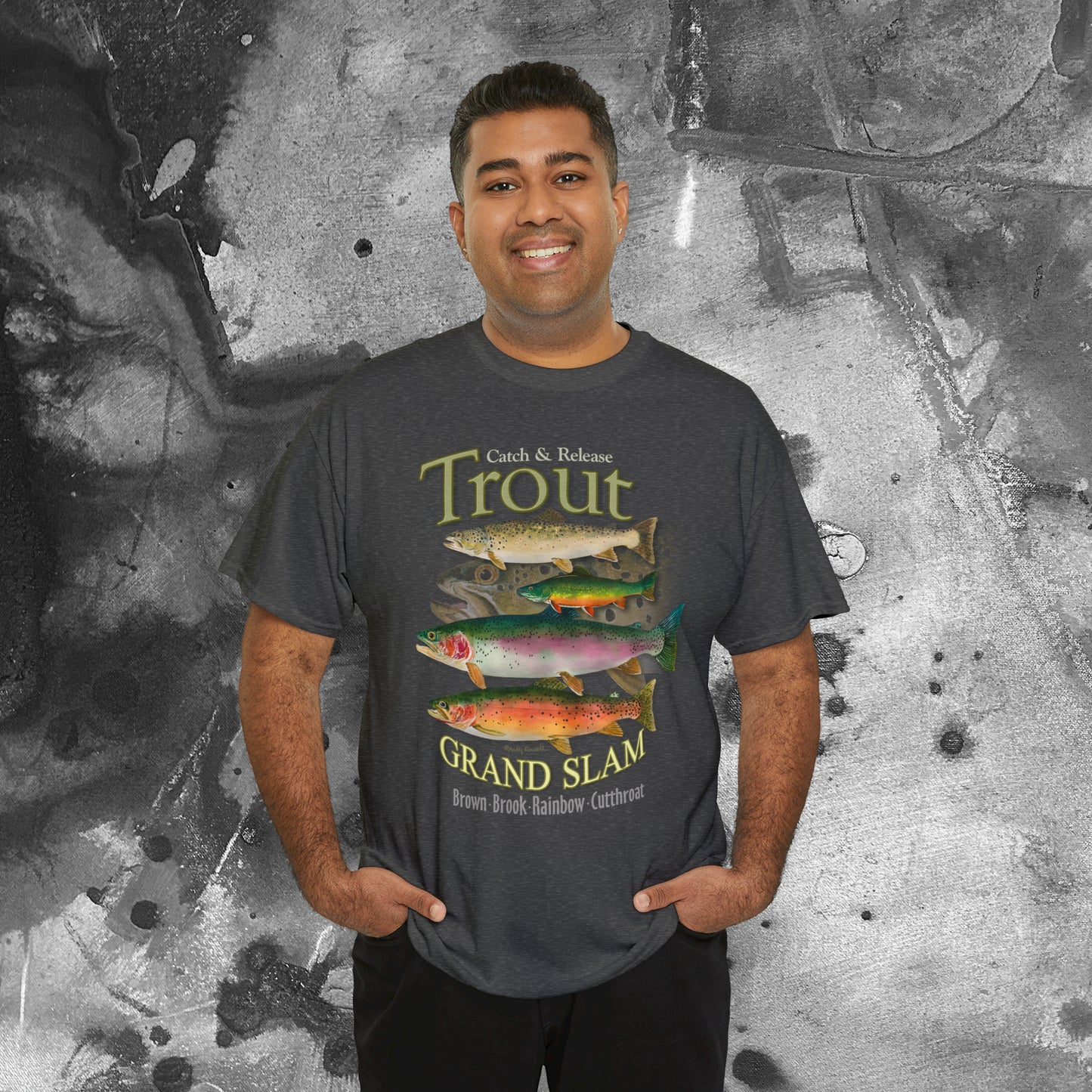 "Trout Grand Slam" on dark shirt. Unisex 100% Heavy Cotton Tee