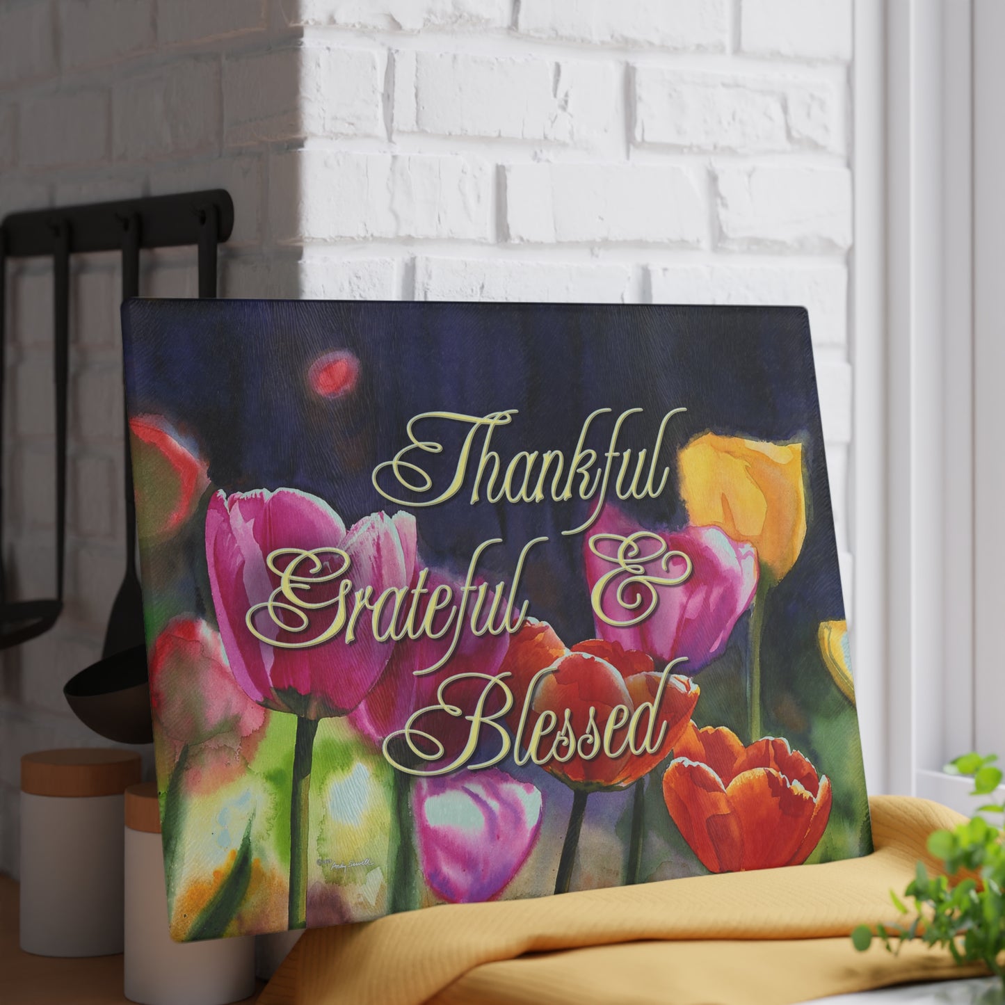 "Sunny Day Tulips" watercolor on Glass Cutting Board