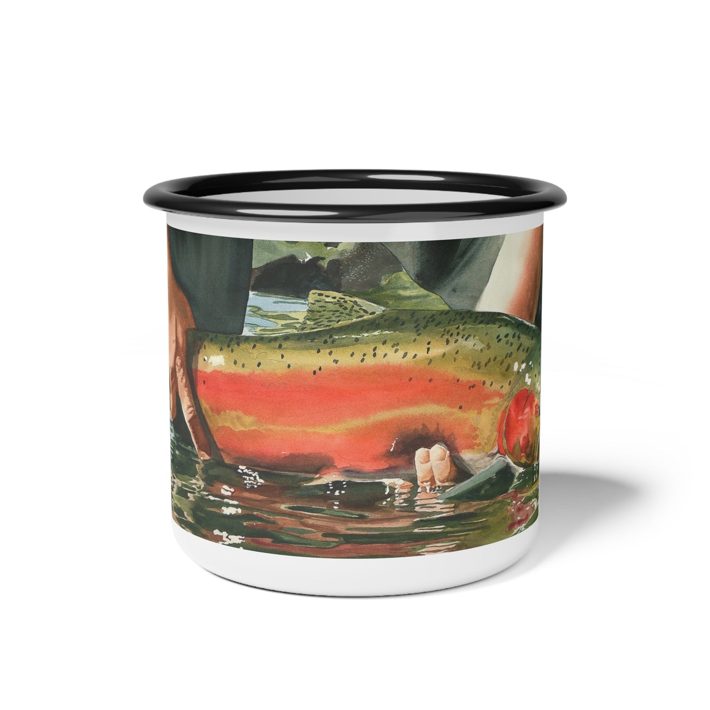 Enamel Steel 12 0z. Camp Cup - "Colors of the River" Steelhead Design