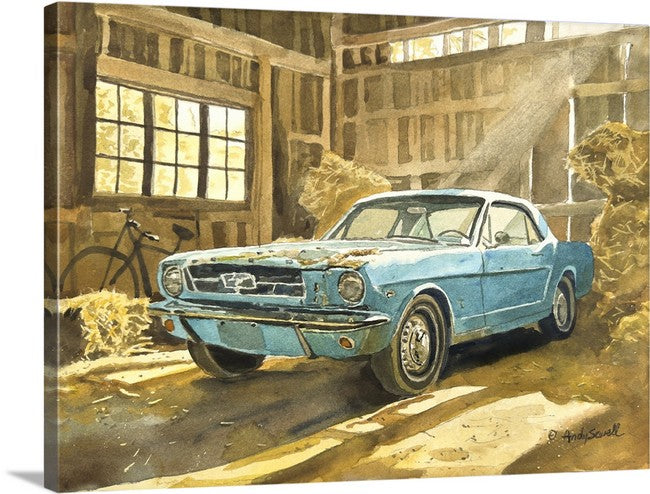 "Baby Blue Barn Find - '65 Ford Mustang" 11"x15" Original Watercolor or Giclee Print.