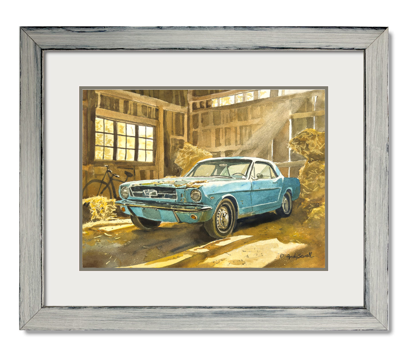 "Baby Blue Barn Find - '65 Ford Mustang" 11"x15" Original Watercolor or Giclee Print.