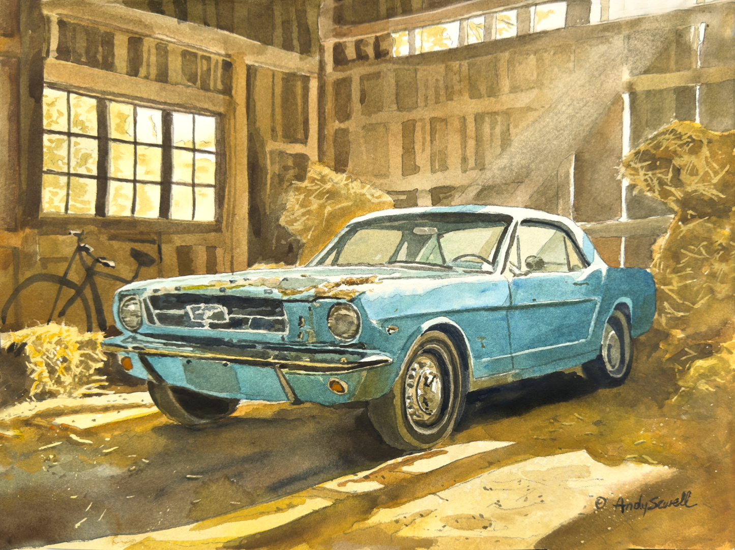 "Baby Blue Barn Find - '65 Ford Mustang" 11"x15" Original Watercolor or Giclee Print.