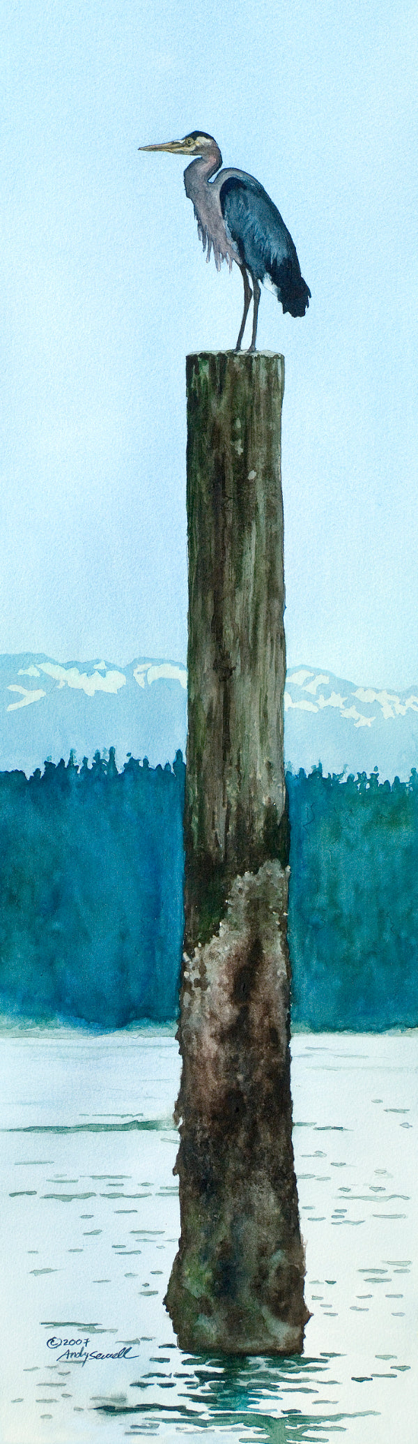 "Heron's Perch" - 9"x32" canvas or paper Giclée art print from a watercolor