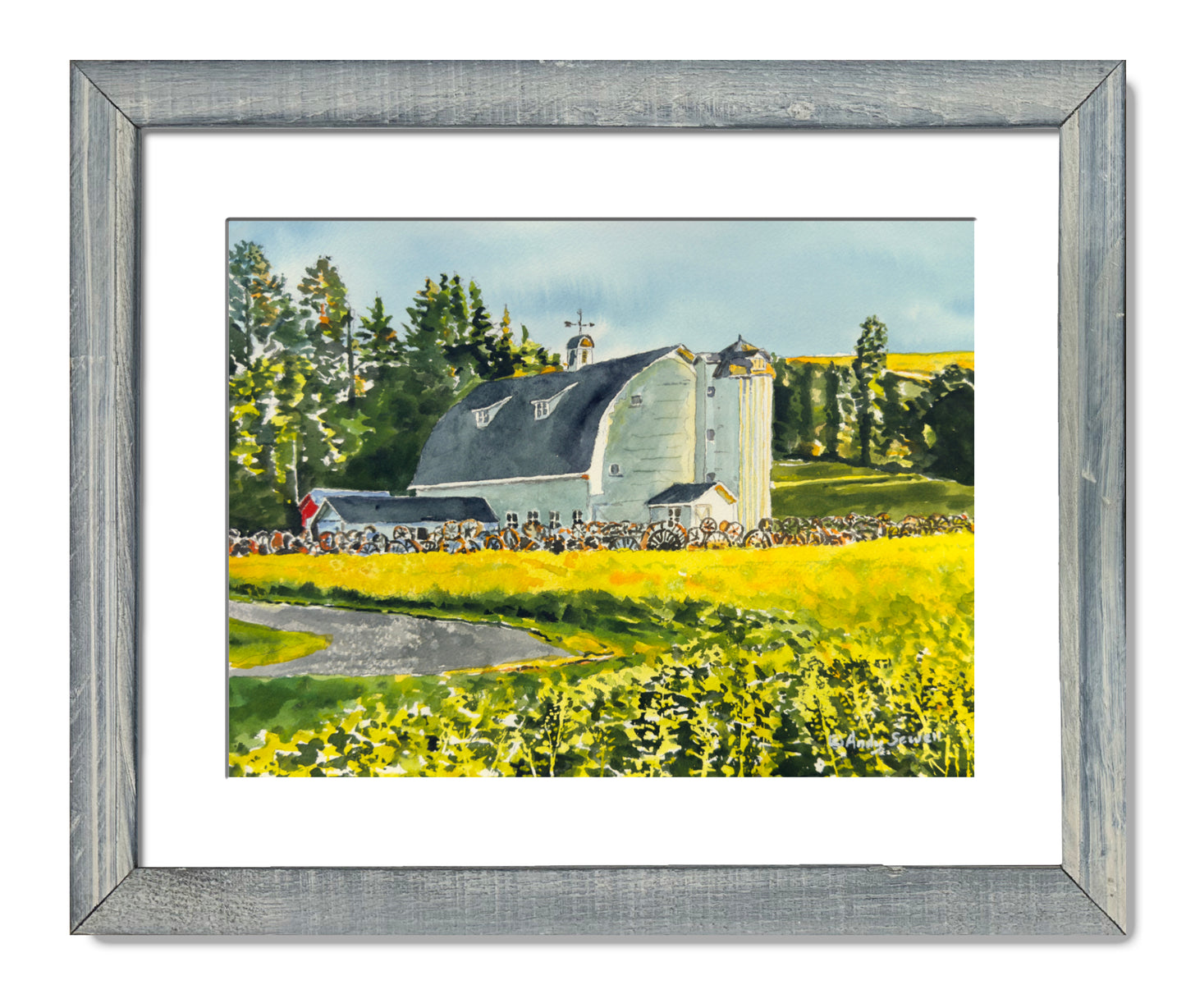 "Canola at the Barn" - 10"x14" Original watercolor, framed in 14x18