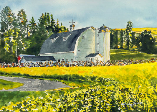 "Canola at the Barn" - 10"x14" Original watercolor, framed in 14x18