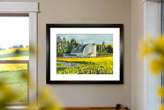 "Canola at the Barn" - 10"x14" Original watercolor, framed in 14x18