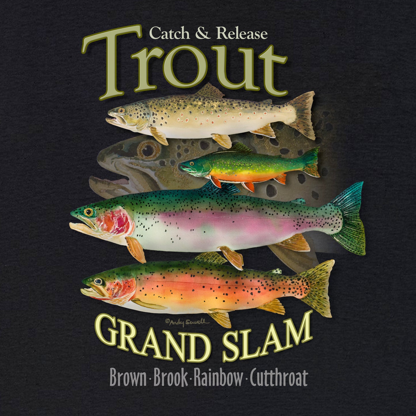 "Trout Grand Slam" on dark shirt. Unisex 100% Heavy Cotton Tee