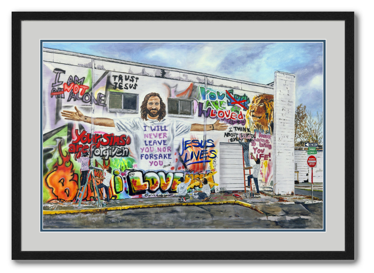 "Painting Graffiti with Jesus" - Framed Giclée fine art prints of Jesus helping change the lies to truth!