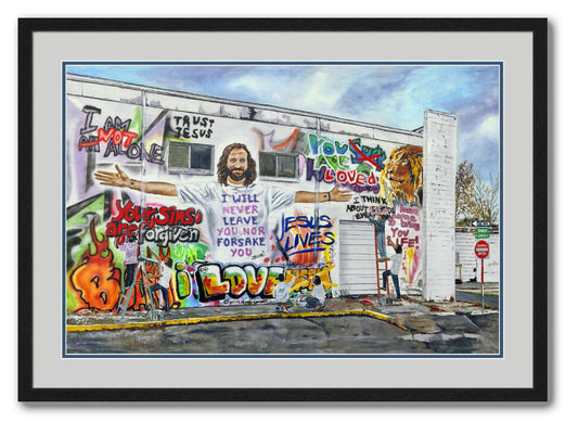 "Painting Graffiti with Jesus" - Framed Giclée fine art prints of Jesus helping change the lies to truth!