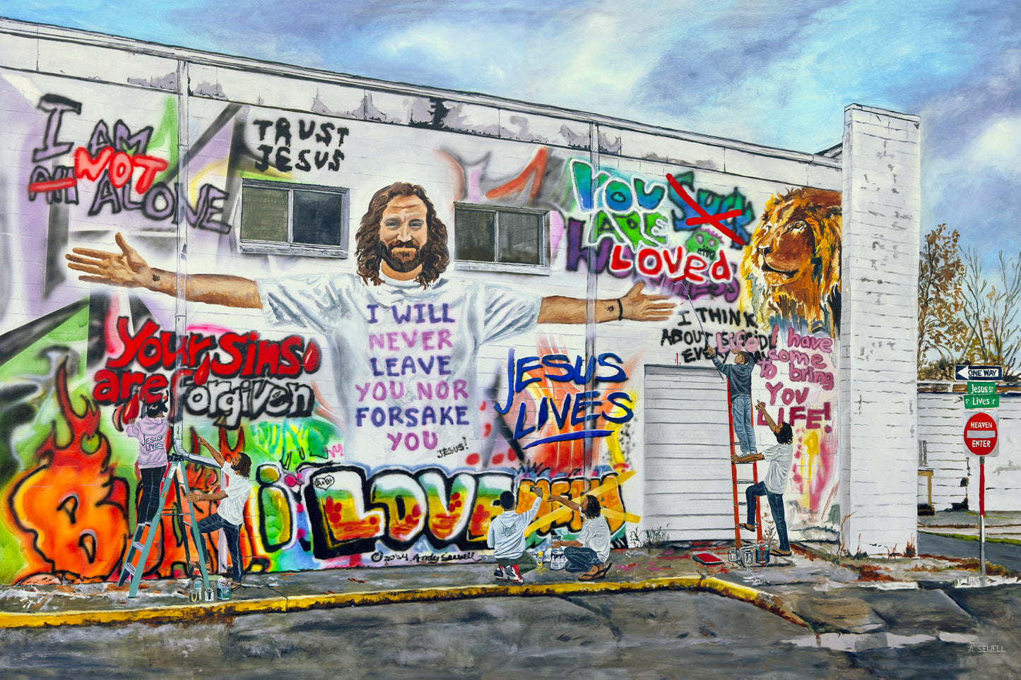 "Painting Graffiti with Jesus" - Framed Giclée fine art prints of Jesus helping change the lies to truth!