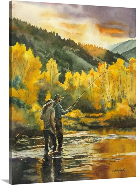 "Learning His Waters" - an Original 18x24 Watercolor or Open Edition Print of a Fly-fishing together.
