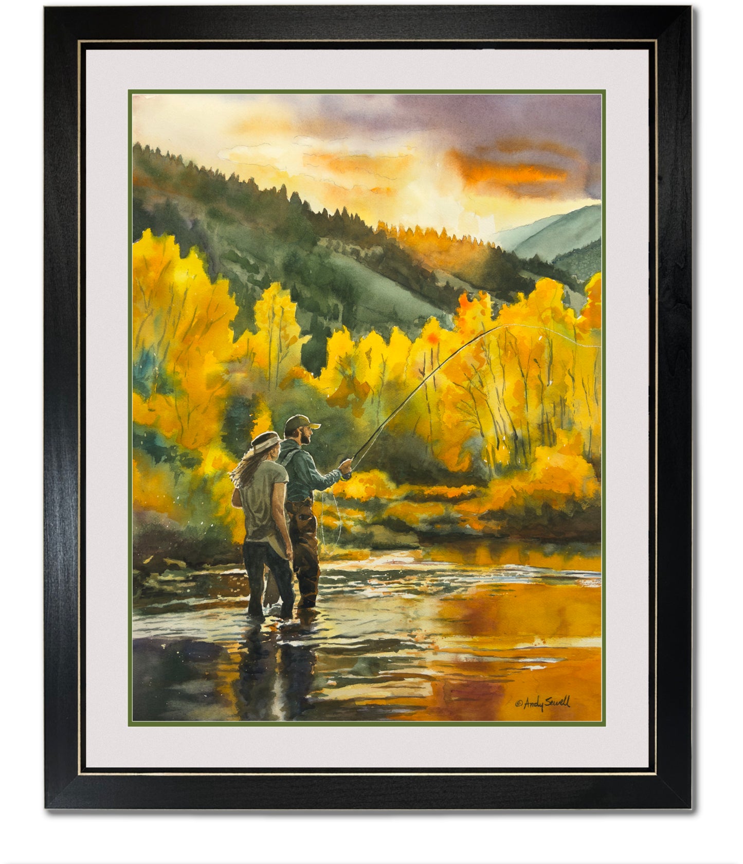 "Learning His Waters" - an Original 18x24 Watercolor or Open Edition Print of a Fly-fishing together.