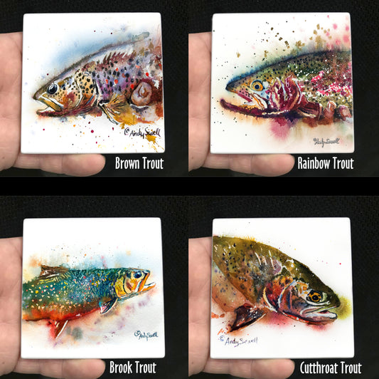 "Trout Fish Splashes" themed coaster set.