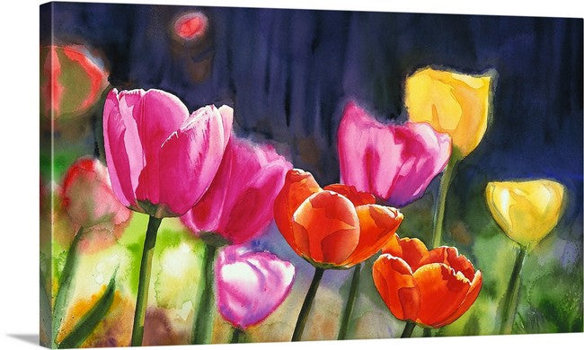 "Sunny Day Tulips" 18"x40" - a limited edition s/n giclee art print from an original watercolor of tulips glowing in the sun40"