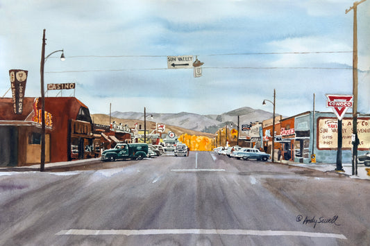 "Main Street Vintage Ketchum 1952" - 16"x22" Giclee prints of Kethum/Sun Valley rd. a view from the 1950's