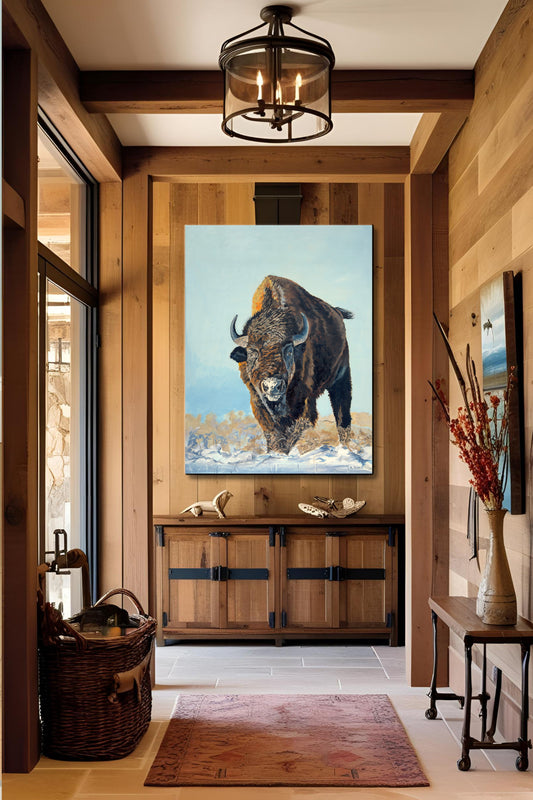 "Thunder in the Snow" - 36x48 Oil on Panel ~ American Bison in the winter snow.