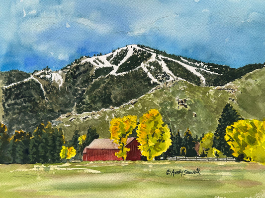 "Baldy Over Red Barn" - 9x12 original watercolor or framed 11"x14"