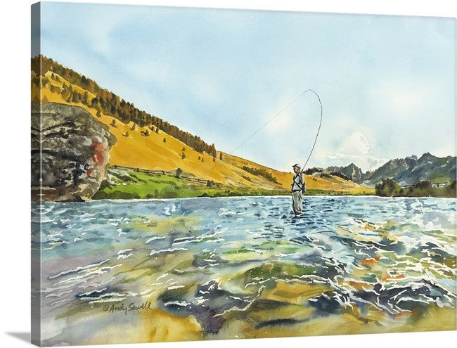 "Bent Rod in the Sawtooths" - an Original watercolor 18x24 or Open Edition Print from a watercolor of a Fly-fisherman on Idaho's upper Salmon River.