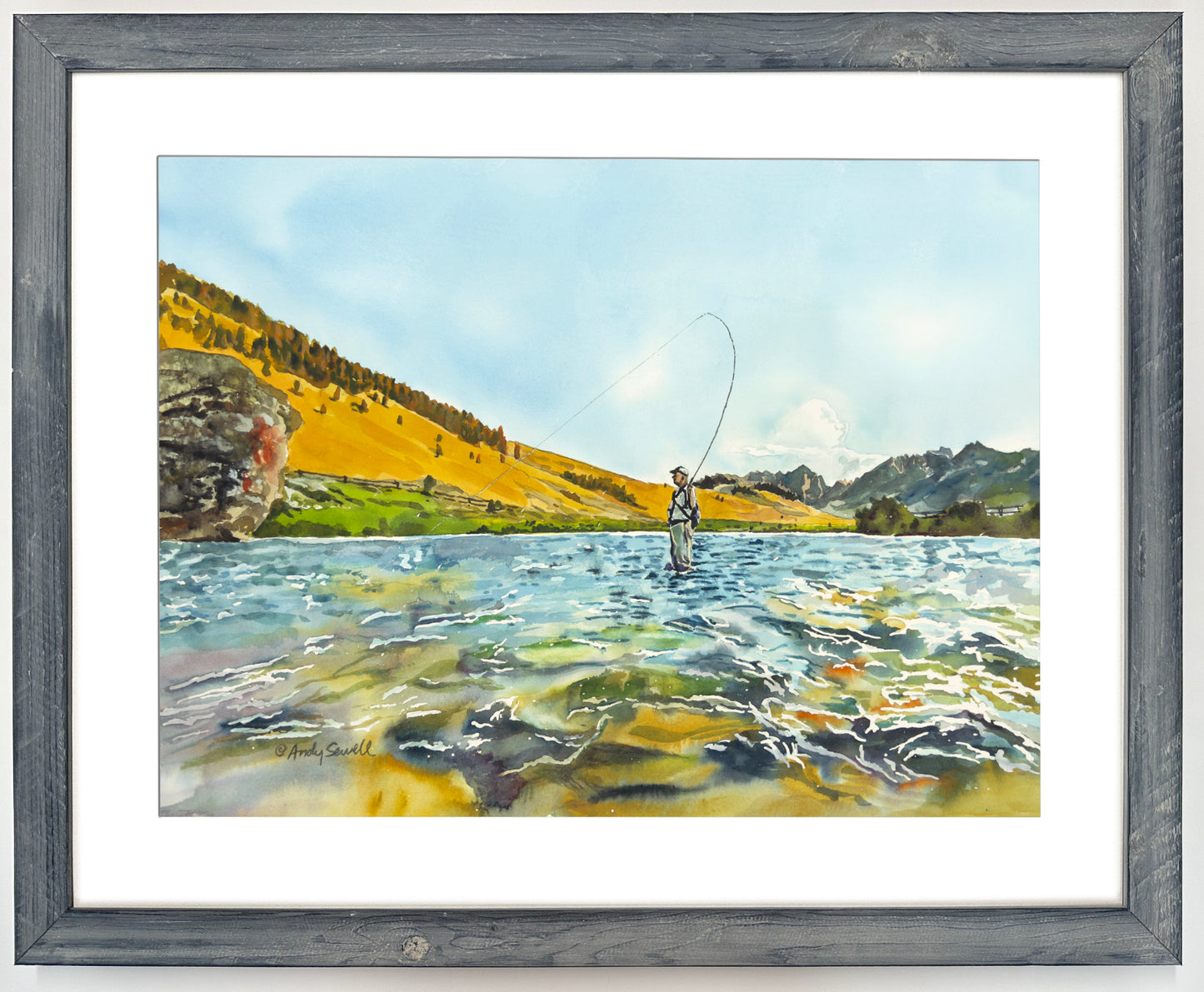"Bent Rod in the Sawtooths" - an Original watercolor 18x24 or Open Edition Print from a watercolor of a Fly-fisherman on Idaho's upper Salmon River.
