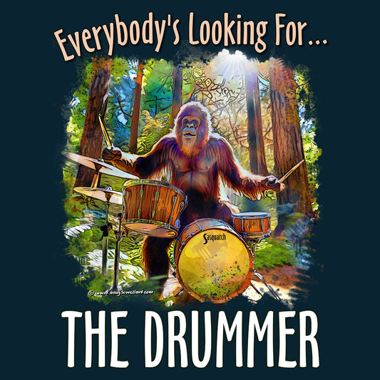 Sasquatch Drummer T-Shirt, Drumming Bigfoot Shirt, Sasquatch with Drums, gift for Bigfoot lover, gift for drummer