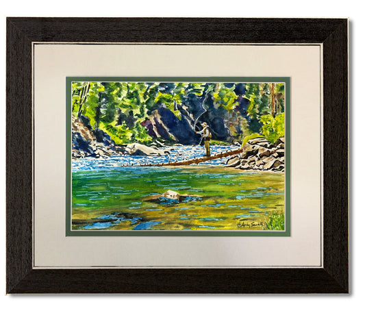 "Casting from a Log" - 9x12 original watercolor framed 11x14